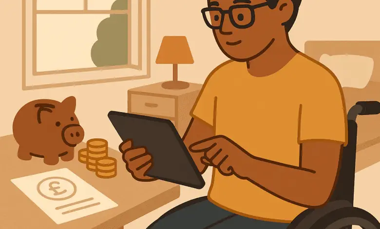 cartoon image: A student reviews finances on a tablet while sitting in an accessible dorm room. A piggy bank, coins, and bursary forms (shown as blank icons, no text) represent planning and budgeting. The student looks content and focused, surrounded by everyday study essentials.