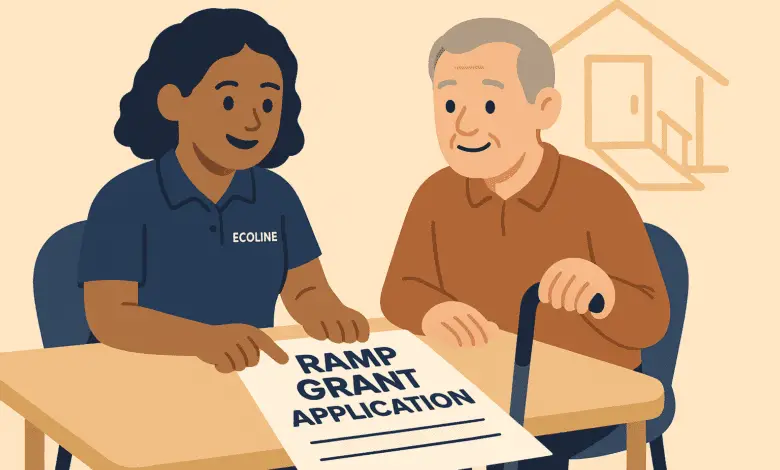 Cartoon of A smiling Ecoline representative reviews a “RAMP Grant Application” form with an older man using a cane at a beige desk, with a simple home outline in the background.