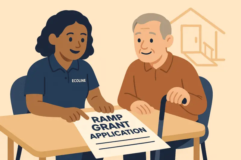 Cartoon of A smiling Ecoline representative reviews a “RAMP Grant Application” form with an older man using a cane at a beige desk, with a simple home outline in the background.