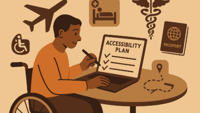 cartoon image: A disabled traveller at a table with a laptop open and a checklist titled “Accessibility Plan.” Around them are small icons: airplane, wheelchair-accessible hotel, medical symbol, and passport.