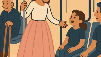 Flat cartoon illustration of a woman standing on a train wearing a long pink tulle skirt, smiling warmly at a young girl seated nearby. The woman holds a rail with one hand and extends the other toward the girl, who looks up at her with admiration. Other passengers, including an older man with a cane, sit nearby. The scene is set against a warm beige background with simple navy and brown details, creating an inclusive and optimistic mood.