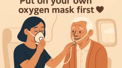 Flat cartoon illustration of a carer calmly putting on their own oxygen mask before assisting another person, echoing airplane safety advice. Two simplified, friendly characters — one caring adult and one older person — in a warm beige background. Soft, rounded shapes, minimal facial detail, and gentle body language showing care and calm. Include a subtle heart or care symbol between them.