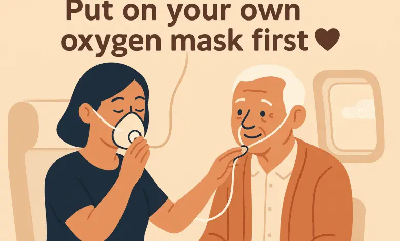 Flat cartoon illustration of a carer calmly putting on their own oxygen mask before assisting another person, echoing airplane safety advice. Two simplified, friendly characters — one caring adult and one older person — in a warm beige background. Soft, rounded shapes, minimal facial detail, and gentle body language showing care and calm. Include a subtle heart or care symbol between them.