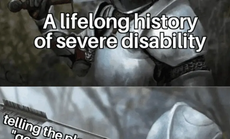 Two-panel meme of a knight in full armor. Top text: “A lifelong history of severe disability.” Bottom image shows the knight stabbing himself in the head with his own sword. Overlaid text: “telling the planner I had a ‘good day’ yesterday.”