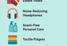 List titled "7 Sensory Friendly Holiday Gift Ideas" with matching icons for each item. The list includes: Thoughtfully Packaged Edible Treats Noise-Reducing Headphones Scent-Free Personal Care Tactile Fidgets Accessible Digital Entertainment Adaptive Kitchen Tools
