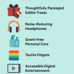 List titled "7 Sensory Friendly Holiday Gift Ideas" with matching icons for each item. The list includes: Thoughtfully Packaged Edible Treats Noise-Reducing Headphones Scent-Free Personal Care Tactile Fidgets Accessible Digital Entertainment Adaptive Kitchen Tools