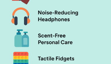 List titled "7 Sensory Friendly Holiday Gift Ideas" with matching icons for each item. The list includes: Thoughtfully Packaged Edible Treats Noise-Reducing Headphones Scent-Free Personal Care Tactile Fidgets Accessible Digital Entertainment Adaptive Kitchen Tools