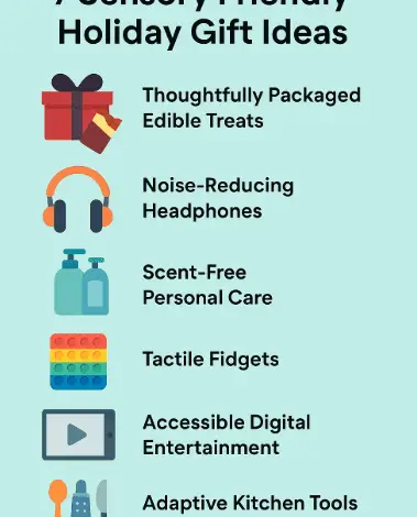 List titled "7 Sensory Friendly Holiday Gift Ideas" with matching icons for each item. The list includes: Thoughtfully Packaged Edible Treats Noise-Reducing Headphones Scent-Free Personal Care Tactile Fidgets Accessible Digital Entertainment Adaptive Kitchen Tools