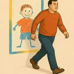 An adult man walks confidently out of a childlike crayon drawing that shows a smiling boy in the same pose and clothes.