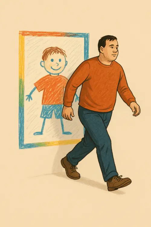 An adult man walks confidently out of a childlike crayon drawing that shows a smiling boy in the same pose and clothes.