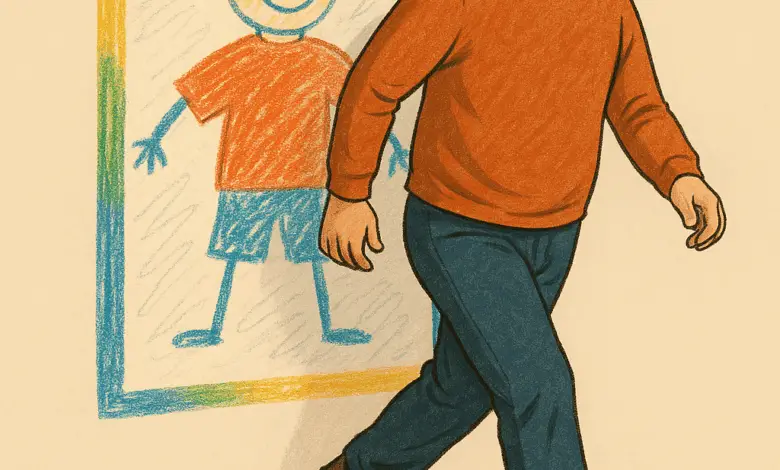 An adult man walks confidently out of a childlike crayon drawing that shows a smiling boy in the same pose and clothes.