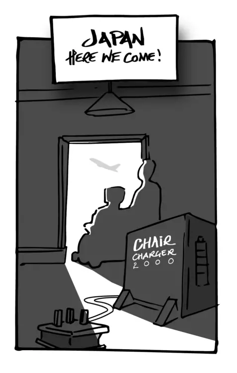 Cartoon of a person in a powered wheelchair facing a bright doorway with a flying plane outside. A sign above reads “JAPAN HERE WE COME!” and a machine labeled “Chair Charger 2000” is left behind them indicating they have forgotten it!