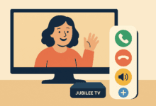 Caroon image in flat style: A woman waves on a video call displayed on a TV screen. Below the screen is a device labeled “JUBILEE TV.” Beside it, a large remote shows four buttons: green for call, red for hang up, yellow for volume, and blue with a plus symbol.