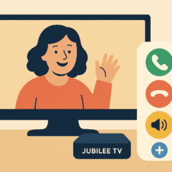 Caroon image in flat style: A woman waves on a video call displayed on a TV screen. Below the screen is a device labeled “JUBILEE TV.” Beside it, a large remote shows four buttons: green for call, red for hang up, yellow for volume, and blue with a plus symbol.