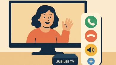 Caroon image in flat style: A woman waves on a video call displayed on a TV screen. Below the screen is a device labeled “JUBILEE TV.” Beside it, a large remote shows four buttons: green for call, red for hang up, yellow for volume, and blue with a plus symbol.