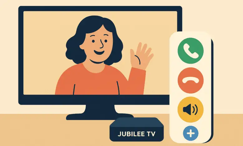 Caroon image in flat style: A woman waves on a video call displayed on a TV screen. Below the screen is a device labeled “JUBILEE TV.” Beside it, a large remote shows four buttons: green for call, red for hang up, yellow for volume, and blue with a plus symbol.