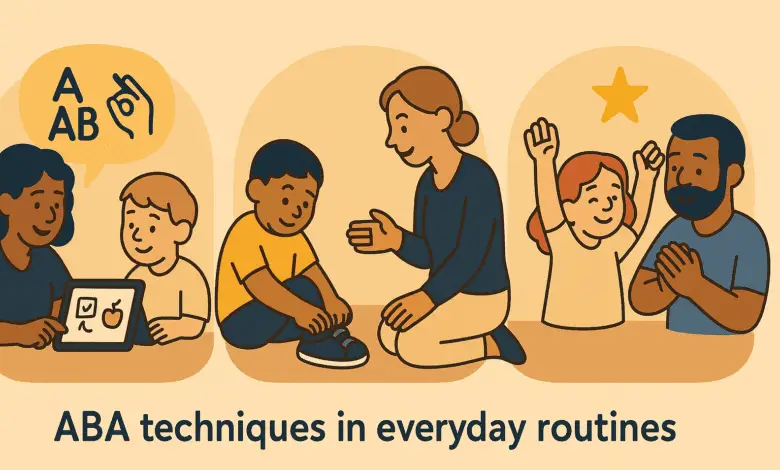 Illustration of adults using ABA techniques with children: teaching with a tablet, helping tie shoes, and celebrating success. Text reads, “ABA techniques in everyday routines.”