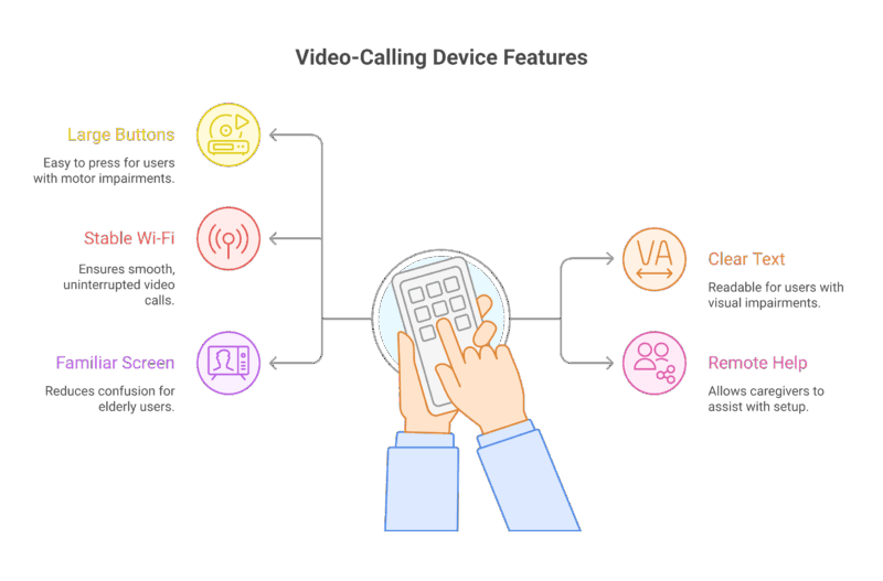 Infographic showing six accessible features of a video-calling device. At the center, a hand presses buttons on a device. Arrows point to six features: Large Buttons (easy to press for users with motor impairments), Stable Wi-Fi (ensures uninterrupted video calls), Familiar Screen (reduces confusion for older users), Clear Text (readable for users with visual impairments), Remote Help (allows caregivers to assist with setup). Each feature includes an icon and short explanation. Text and icons are color-coded.