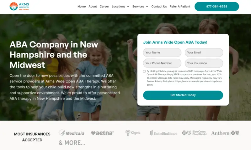 Homepage for Arms Wide Open ABA Therapy showing children running outdoors and a signup form for ABA services in New Hampshire and the Midwest.