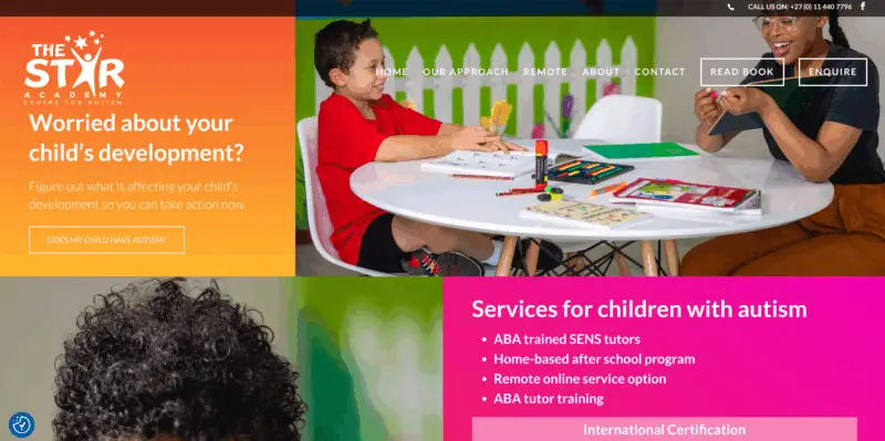 Child and adult smiling at a table with books and learning tools; text offers autism services and developmental help.