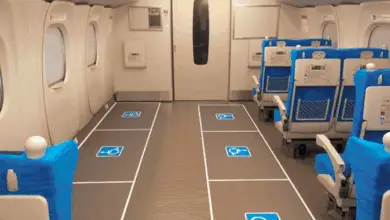 Wheelchair spaces with accessibility symbols marked on the floor inside a Shinkansen train car. Blue passenger seats line the right side.