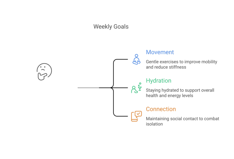 Graphic titled "Weekly Goals" listing three items: Movement – Gentle exercises to improve mobility and reduce stiffness (with a blue icon of a seated person). Hydration – Staying hydrated to support overall health and energy levels (with a green icon of a person and water glass). Connection – Maintaining social contact to combat isolation (with an orange icon of a phone and message).