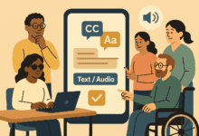 llustration of five diverse people engaging with a large smartphone screen showing accessibility options like captions (CC), large text (Aa), and text/audio toggles. One person uses a wheelchair, another uses a laptop and wears dark glasses. A speech icon indicates audio content.