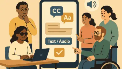 llustration of five diverse people engaging with a large smartphone screen showing accessibility options like captions (CC), large text (Aa), and text/audio toggles. One person uses a wheelchair, another uses a laptop and wears dark glasses. A speech icon indicates audio content.