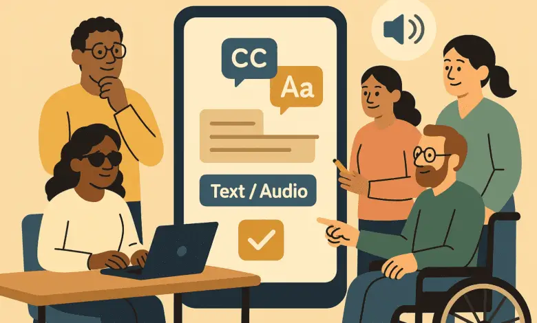 llustration of five diverse people engaging with a large smartphone screen showing accessibility options like captions (CC), large text (Aa), and text/audio toggles. One person uses a wheelchair, another uses a laptop and wears dark glasses. A speech icon indicates audio content.