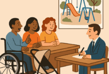 Three people, including a wheelchair user and a person with a pram, sit across from a suited official discussing playground plans shown in a poster behind them.