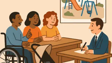 Three people, including a wheelchair user and a person with a pram, sit across from a suited official discussing playground plans shown in a poster behind them.