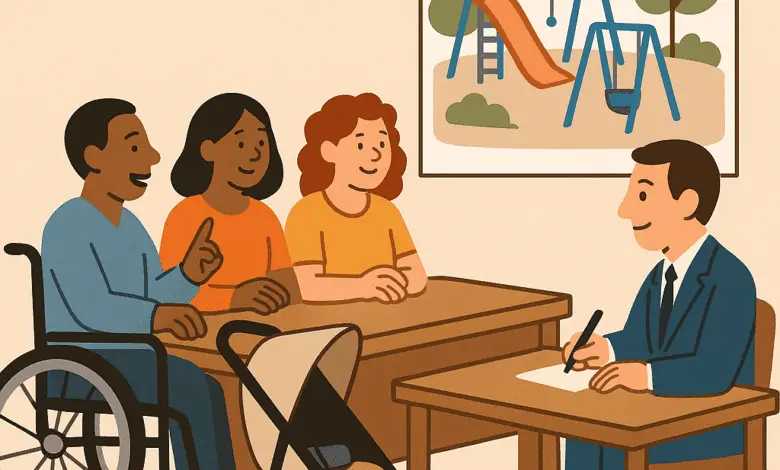 Three people, including a wheelchair user and a person with a pram, sit across from a suited official discussing playground plans shown in a poster behind them.