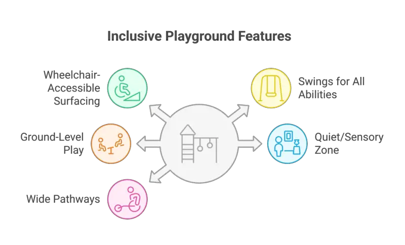 Infographic titled “Inclusive Playground Features” showing icons with six features: wheelchair-accessible surfacing, ground-level play, wide pathways, swings for all abilities, quiet/sensory zone. Visible Text in Image: Inclusive Playground Features Wheelchair-Accessible Surfacing Ground-Level Play Wide Pathways Swings for All Abilities Quiet/Sensory Zone