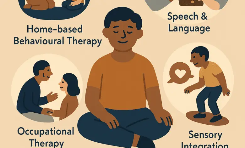 Flat, warm-toned cartoon illustration showing a central seated person with a prosthetic leg, surrounded by four therapy scenes: home-based behavioural therapy inside a house shape, a speech therapist using a tablet with a child, an occupational therapist working with a child at a table, and a sensory-integration activity with a child. At the bottom, a counselling scene with two adults and an assistance dog. All characters are simply drawn with minimal facial details in a consistent flat style.