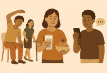 Illustration of four people representing healthy habits: one person seated and stretching, another walking with a cane, one holding a glass of water and a bowl of fruit, and another smiling at a phone with a speech bubble.