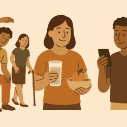 Illustration of four people representing healthy habits: one person seated and stretching, another walking with a cane, one holding a glass of water and a bowl of fruit, and another smiling at a phone with a speech bubble.