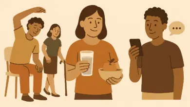 Illustration of four people representing healthy habits: one person seated and stretching, another walking with a cane, one holding a glass of water and a bowl of fruit, and another smiling at a phone with a speech bubble.