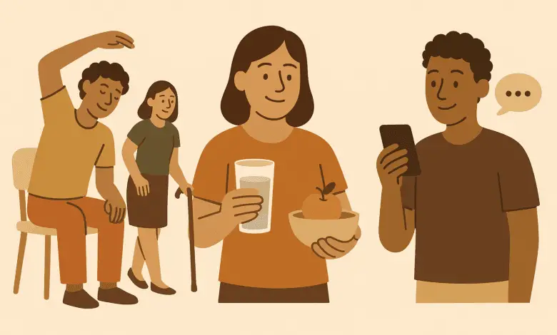Illustration of four people representing healthy habits: one person seated and stretching, another walking with a cane, one holding a glass of water and a bowl of fruit, and another smiling at a phone with a speech bubble.