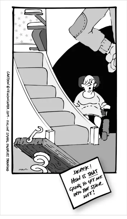 Cartoon shows a woman in a wheelchair at the bottom of a staircase with a stair lift. In front of her is a homemade spring-loaded launcher made from a plank of wood and a large coiled spring. A note reads: “Derek! How is that going to get me into the stair lift!”