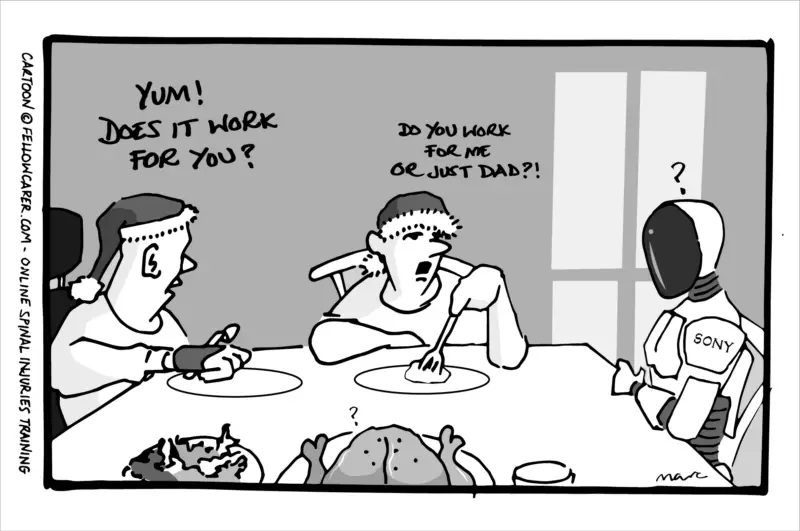Cartoon of a family at a dinner table with a robot caregiver labeled "SONY." A person in a Santa hat says, “Yum! Does it work for you?” Another person, also in a Santa hat and holding a fork, responds, “Do you work for me or just Dad?!” The robot has a question mark above its head, and a cooked turkey on the table also has a question mark, adding to the confusion. Text on the side reads: “Cartoon © fellowcarer.com – Online Spinal Injuries Training.”