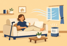 Disabled person relaxing on a sofa, holding a mug, with a cane nearby. An open window and air purifier show fresh air flowing in a calm living room.