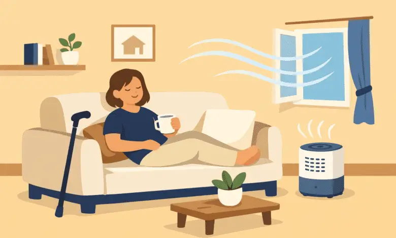 Disabled person relaxing on a sofa, holding a mug, with a cane nearby. An open window and air purifier show fresh air flowing in a calm living room.