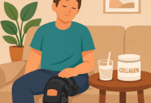 Disabled adult sitting on a sofa with a knee brace, resting a hand on their knee, with a collagen drink on a side table.