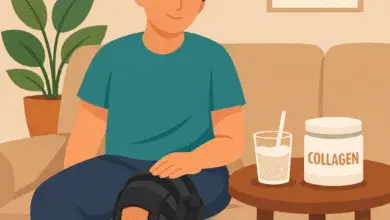 Disabled adult sitting on a sofa with a knee brace, resting a hand on their knee, with a collagen drink on a side table.