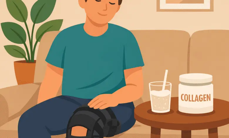 Disabled adult sitting on a sofa with a knee brace, resting a hand on their knee, with a collagen drink on a side table.