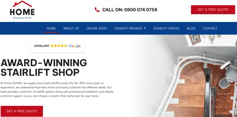 Homepage of Home Stairlifts website showing navigation menu, contact info, and a curved stairlift on a wooden staircase.