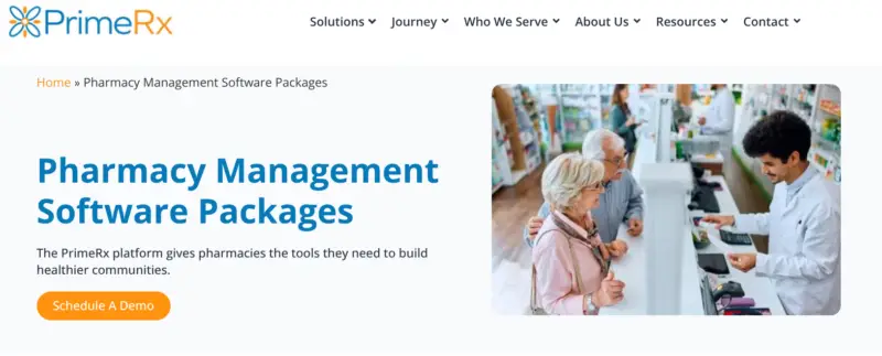 Screenshot of the PrimeRx website showing the heading “Pharmacy Management Software Packages” and a pharmacist serving an older couple.