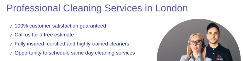 Banner reading “Professional Cleaning Services in London” with bullet points and a photo of two cleaners in uniform.