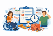 cartoon image: Disabled woman using a wheelchair looks at paperwork while another person checks deadlines, with symbols showing delays and lost money.