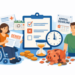 cartoon image: Disabled woman using a wheelchair looks at paperwork while another person checks deadlines, with symbols showing delays and lost money.